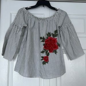 Potter’s Pot Off-the-Shoulder Pin Stripe Rose Appliqué Blouse